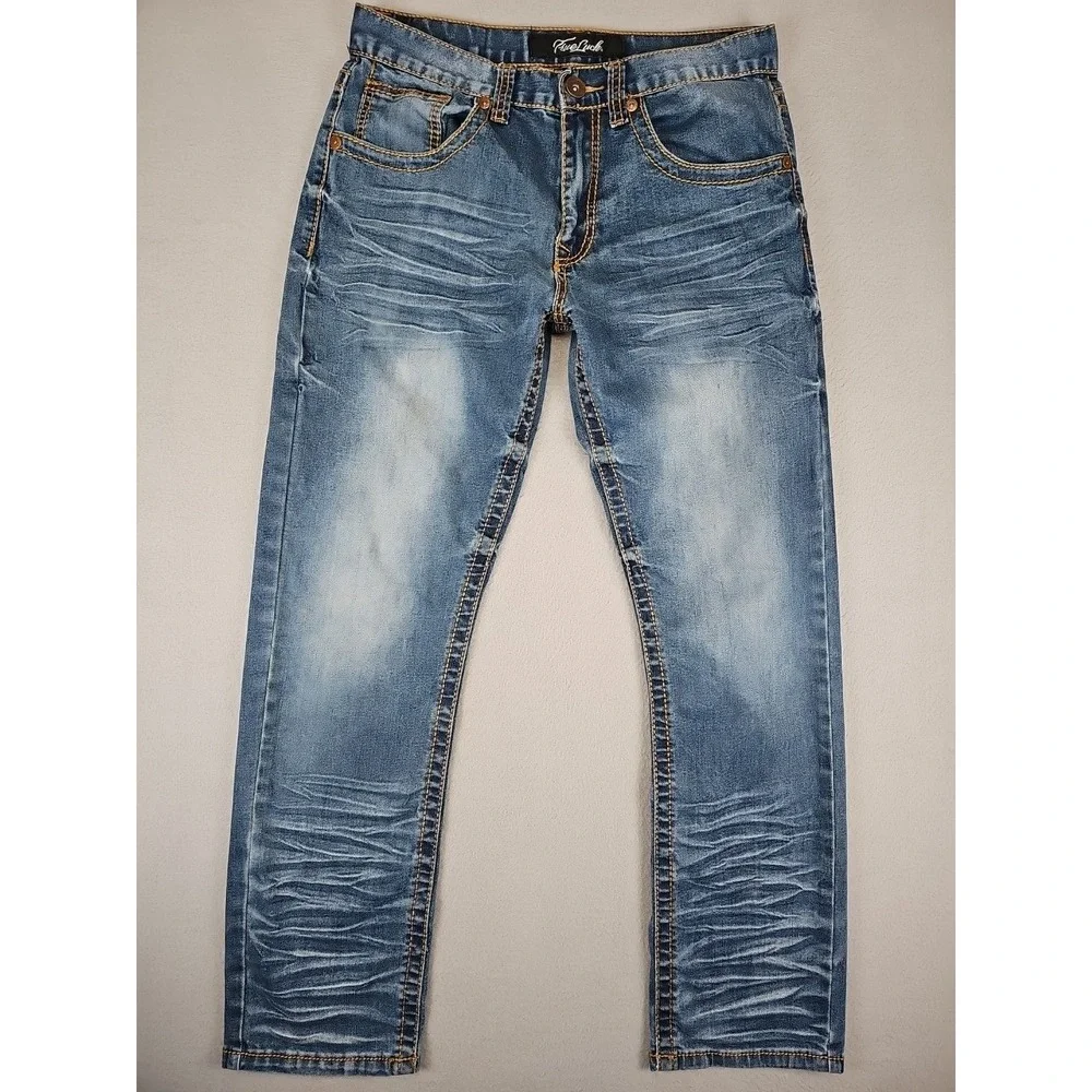 True Luck Jeans Men's 31x28.5 Medium Wash Straight Whiskered‎ Stretch Denim